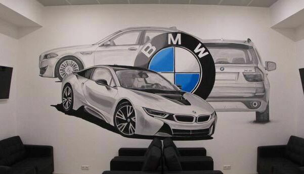 Роспись стены клиентской зоны в автосервисе роспись автосервиса